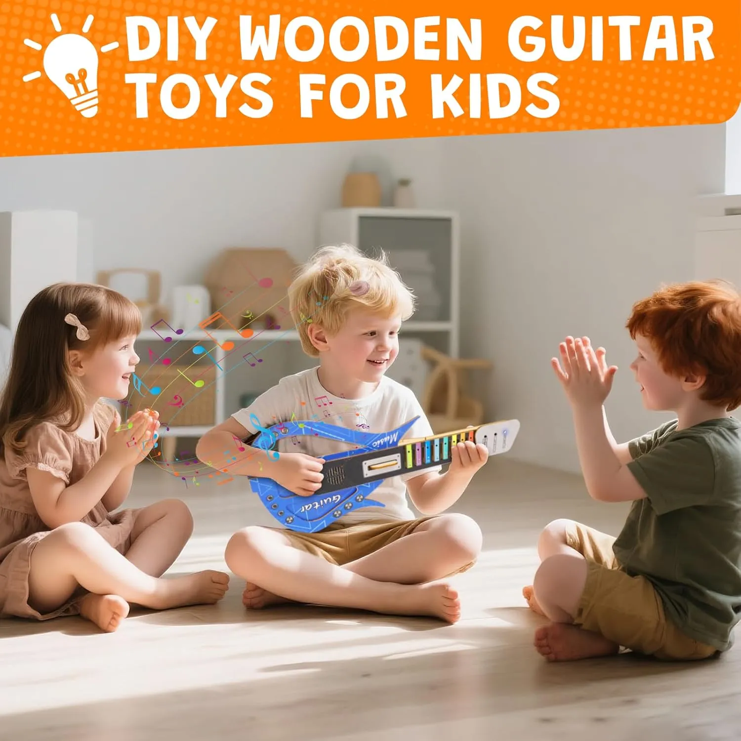 Guitar Toy for Kids DIY Electronic Wooden Play Guitar Kit, Keyboard Piano Music Toys Musical Instruments Game for 5-12 Year Old Children Toddler Boys Girl (Blue)