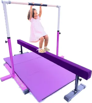 Gymnastics Bar Kip Bar for Kids with Acrobatic Tube Beam and 6'x4' Tumble Mat, Adjustable Height 3 to 5 FT Horizontal Bar Junior Gymnast Gymnastic Training Bar, Asymmetric Bar Expandable Purple
