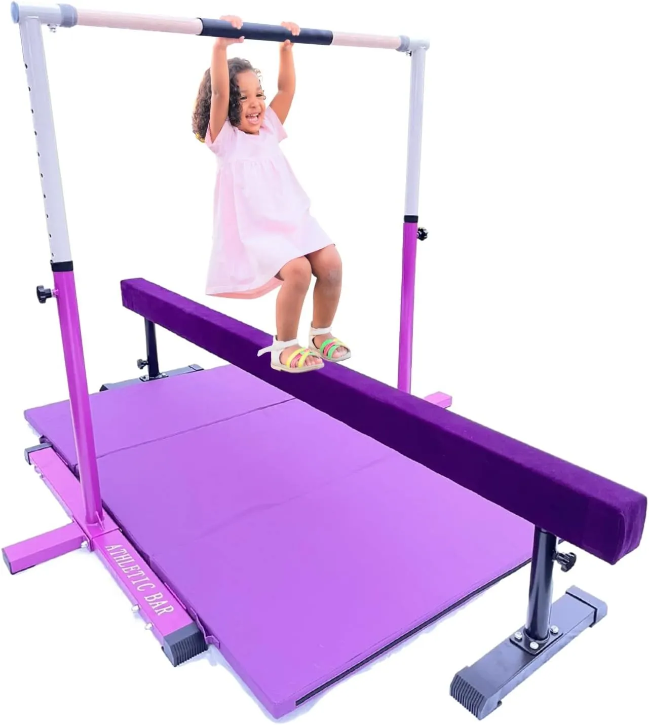 Gymnastics Bar Kip Bar for Kids with Acrobatic Tube Beam and 6'x4' Tumble Mat, Adjustable Height 3 to 5 FT Horizontal Bar Junior Gymnast Gymnastic Training Bar, Asymmetric Bar Expandable Purple
