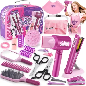 Hair Salon Pretend Play Toys for Girls 3 4 5 6 Year Old, Makeup Playset Toddler Dress Up Beauty Hair Stylist Kit with Hairdryer Straightener Apron Portable Box, Birthday Gifts for Girls 4-6