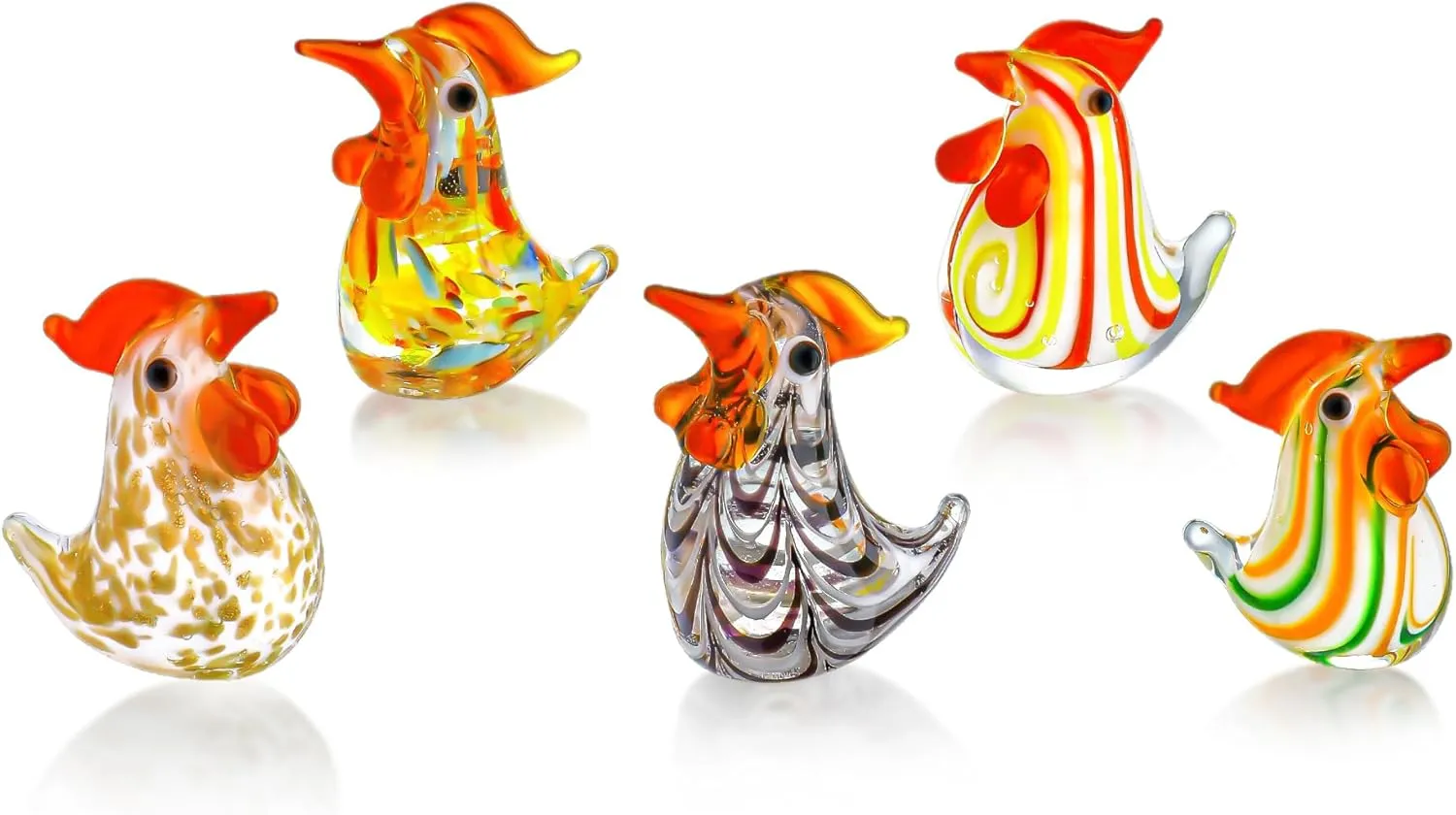 H&D HYALINE & DORA Set of 5 Blown Glass Rooster Figurines - Mini Collectible Art Glass Ornament Gift for Home Desktop Decor