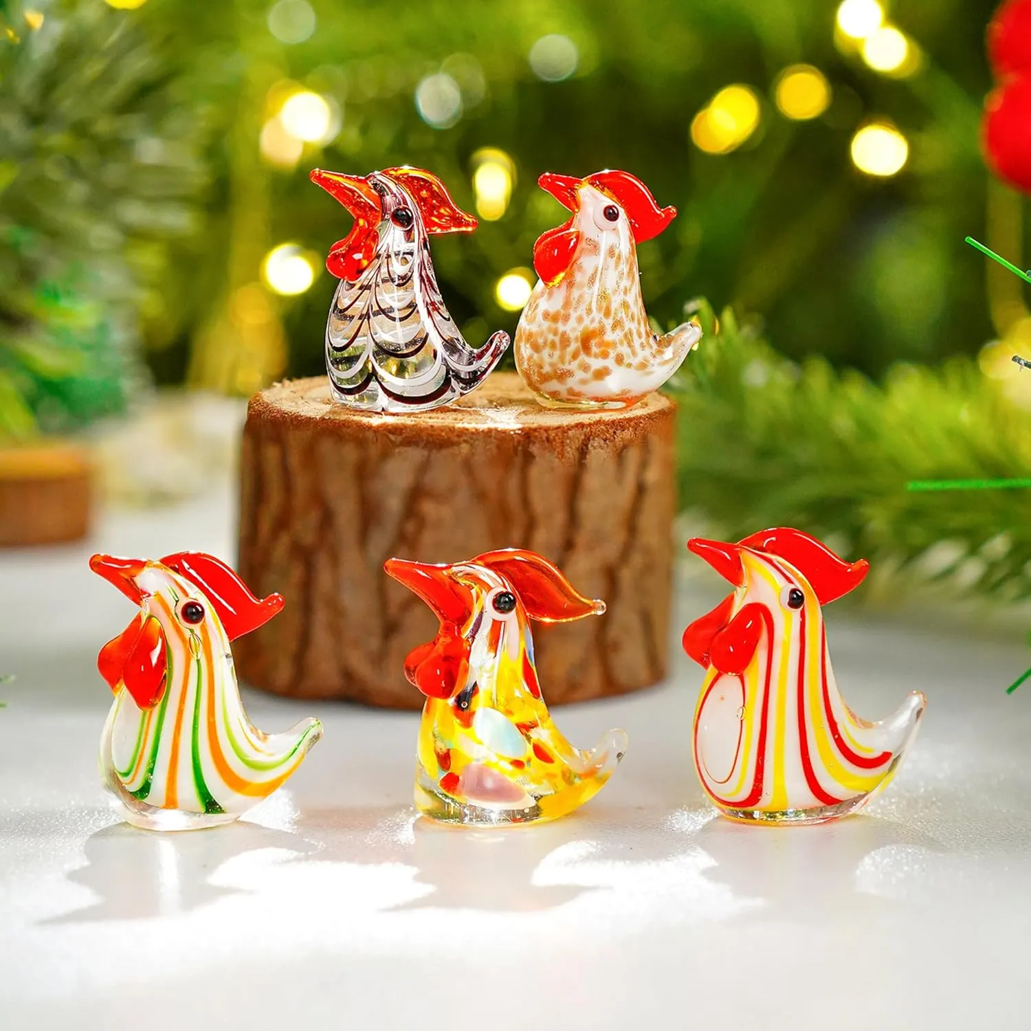 H&D HYALINE & DORA Set of 5 Blown Glass Rooster Figurines - Mini Collectible Art Glass Ornament Gift for Home Desktop Decor