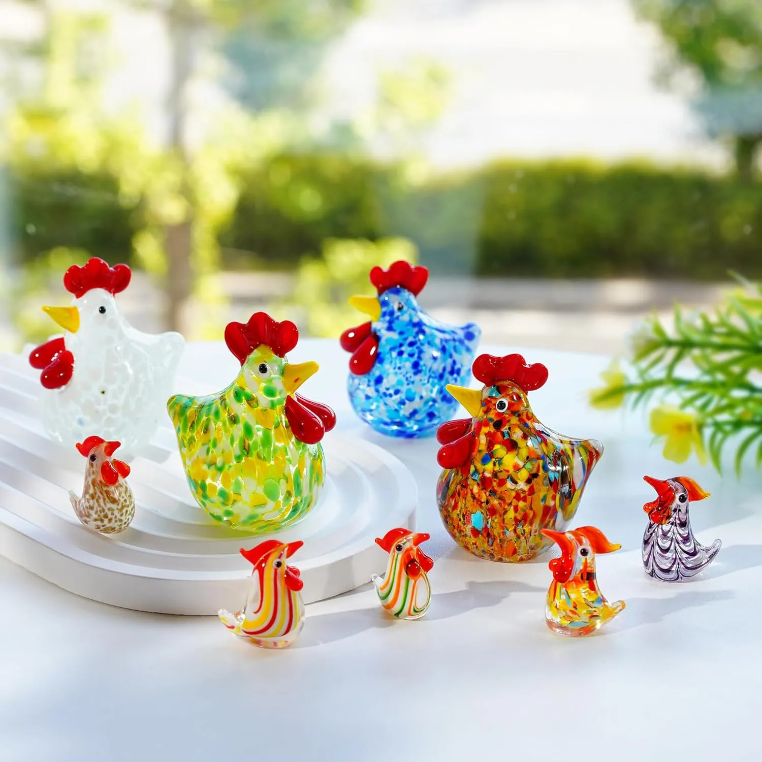H&D HYALINE & DORA Set of 5 Blown Glass Rooster Figurines - Mini Collectible Art Glass Ornament Gift for Home Desktop Decor