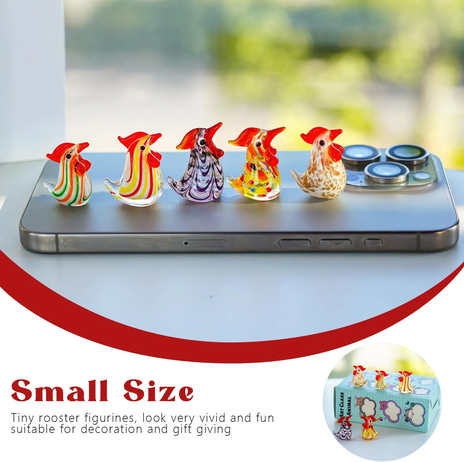 H&D HYALINE & DORA Set of 5 Blown Glass Rooster Figurines - Mini Collectible Art Glass Ornament Gift for Home Desktop Decor