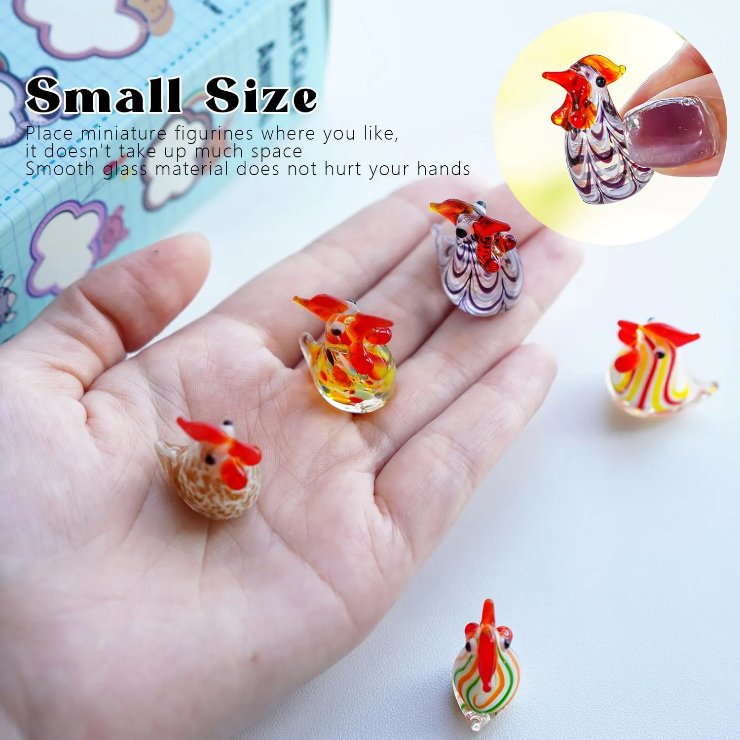 H&D HYALINE & DORA Set of 5 Blown Glass Rooster Figurines - Mini Collectible Art Glass Ornament Gift for Home Desktop Decor