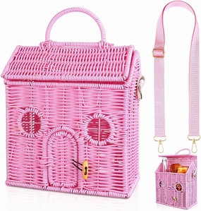 Handmade Rattan Doll House Rattan House Shape Shoulder Bag Wicker Basket with Lid Mouse in a Box House for Doll Toys Rattan Storage Basket Small Dollhouses Cute Woven Handcrafted Artwork Gift (Pink)