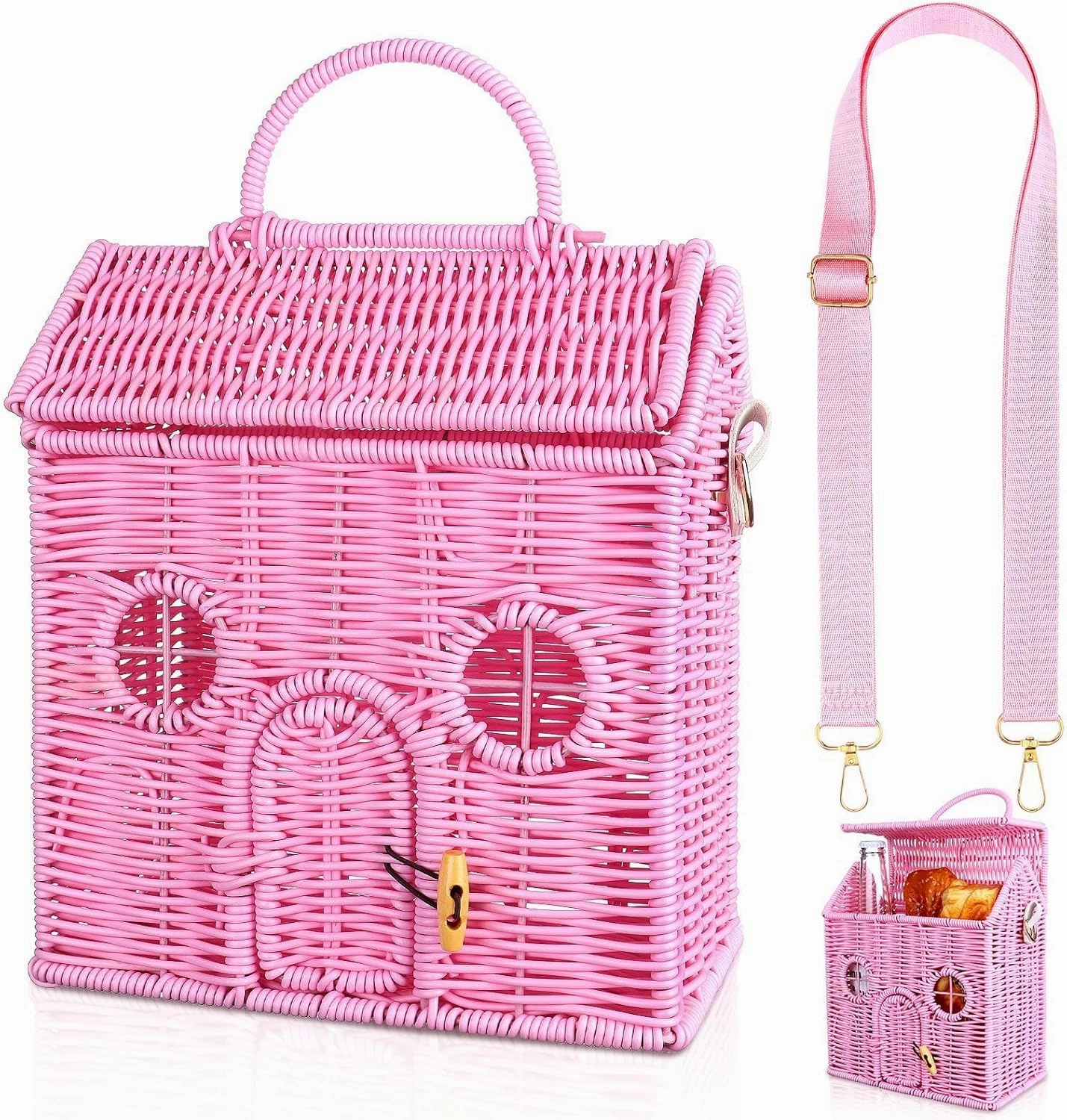 Handmade Rattan Doll House Rattan House Shape Shoulder Bag Wicker Basket with Lid Mouse in a Box House for Doll Toys Rattan Storage Basket Small Dollhouses Cute Woven Handcrafted Artwork Gift (Pink)