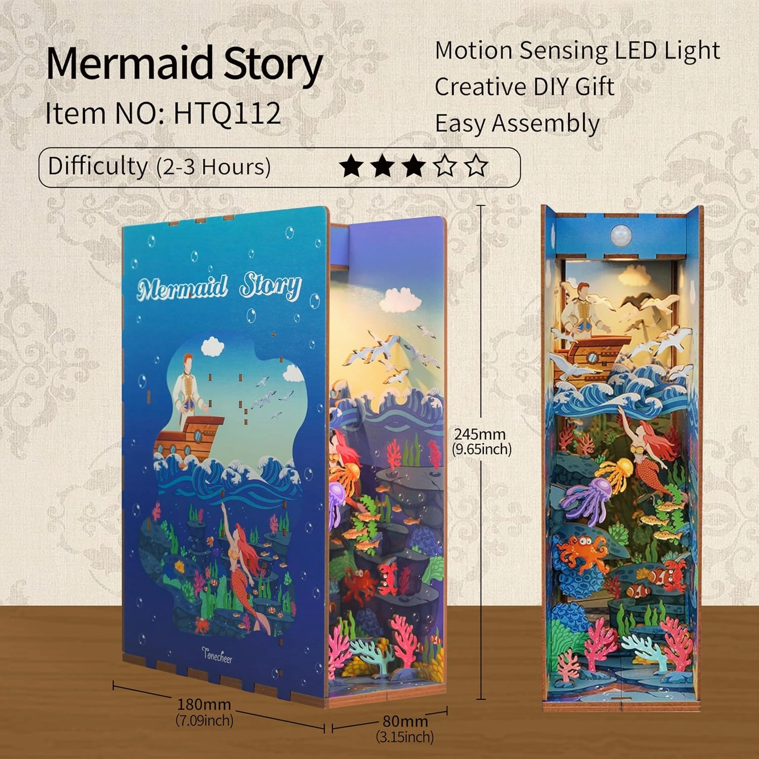 Hands Craft DIY Miniature Kit Book Nook – Mermaid Story | Mystical Underwater Scene | Intricate Design, Oceanic Charm | LED Lights | Dreamy Bookshelf Decor | Gift for Classic Story & Mermaid Fans