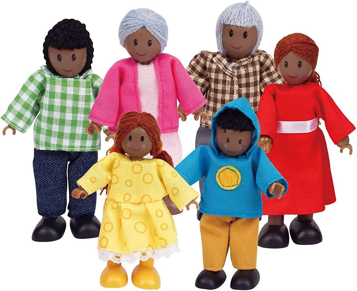 Hape African American Wooden Doll House Family| Dollhouse People Set of 6 Action Figure Set| Wire Adults: 4.3" H; Kids: 3.5" H