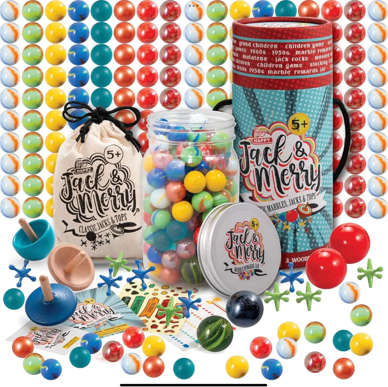 HAPPY JACK & MERRY Metal Jacks Game with Ball Classic and Marbles, Metal Jax and 2 Bouncy Red Ball with Bag for Family Games Night