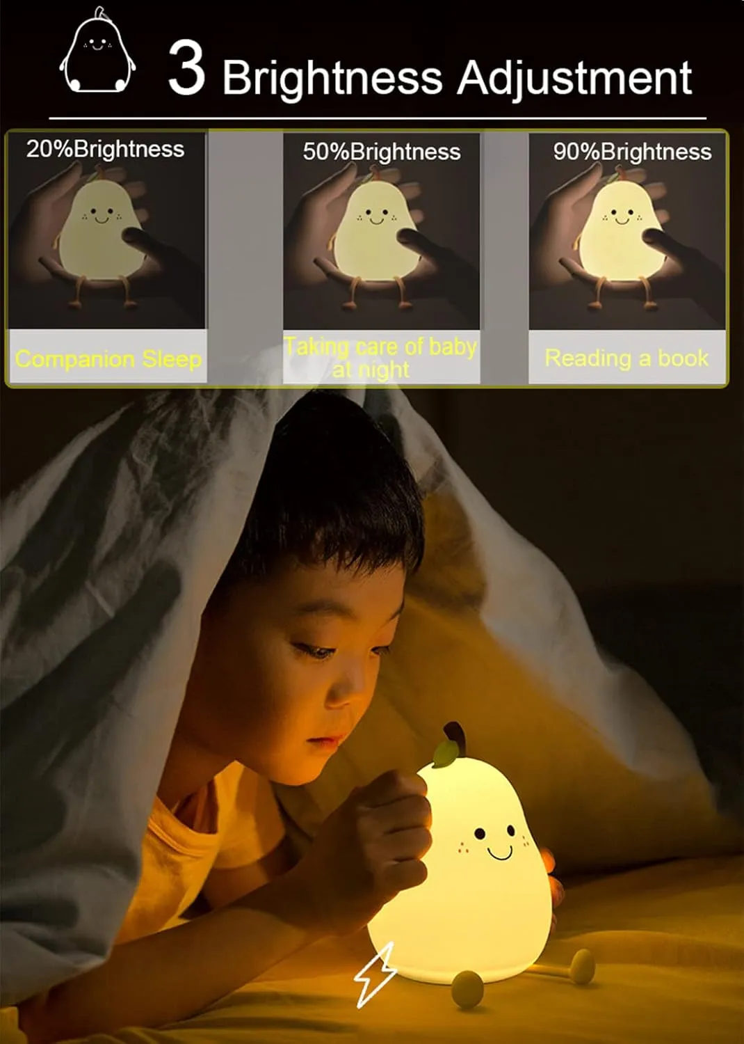 HAPPYBAG Cute Silicone Night Light for Kids,Dimmable Nursery Pear Lamps,Kawaii Room Decor Fruit Night Light Bedside Lamp for Baby and Toddler