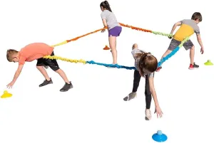 HearthSong Multi-Way Tug-of-War Game with 14 Foot Elastic Band, Four Cones and Four Balls