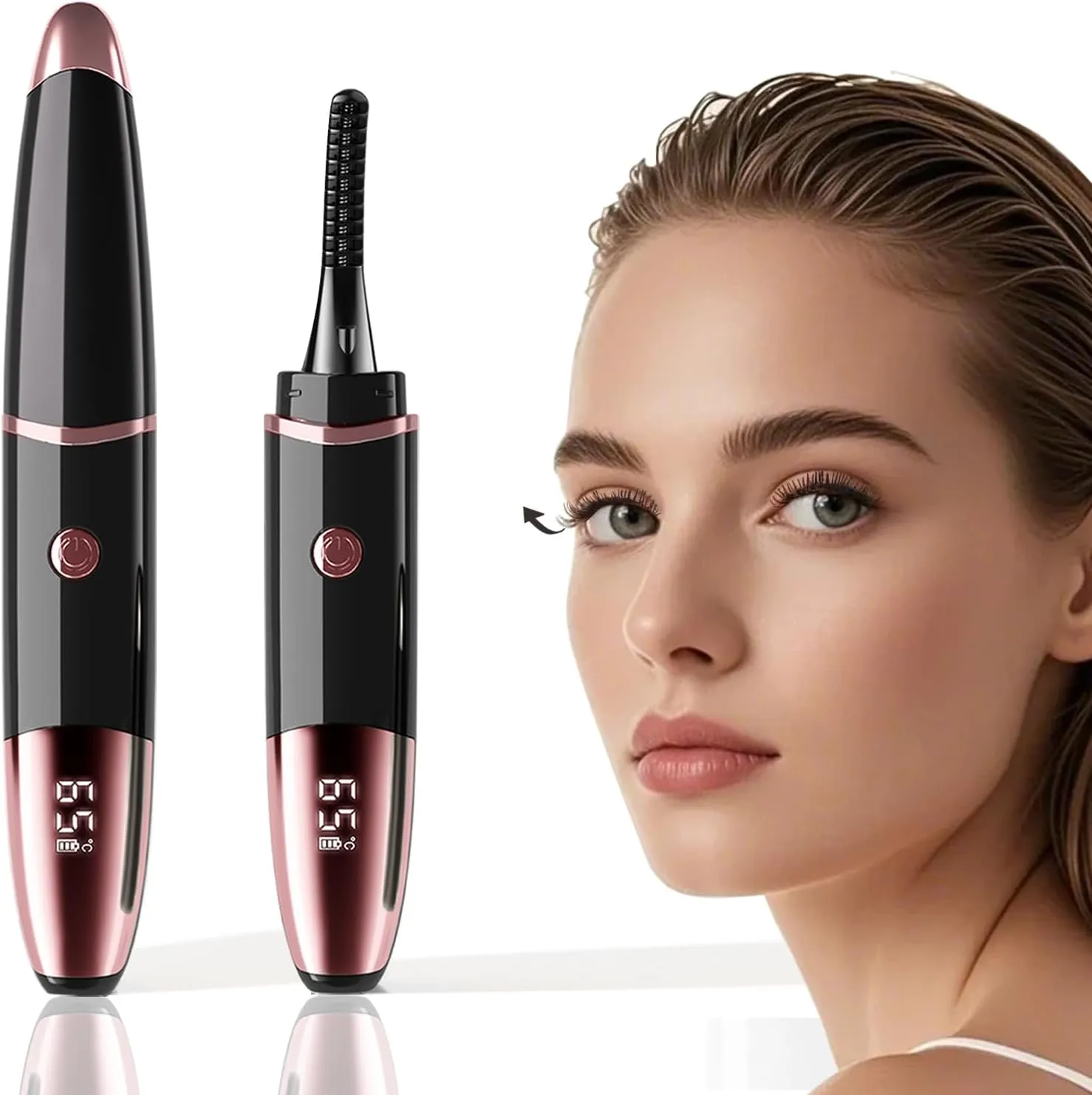 Heated Eyelash Curler with LCD Display, 4 Temperature Settings, 24-Hour Curl Effect, Rose Gold and Black