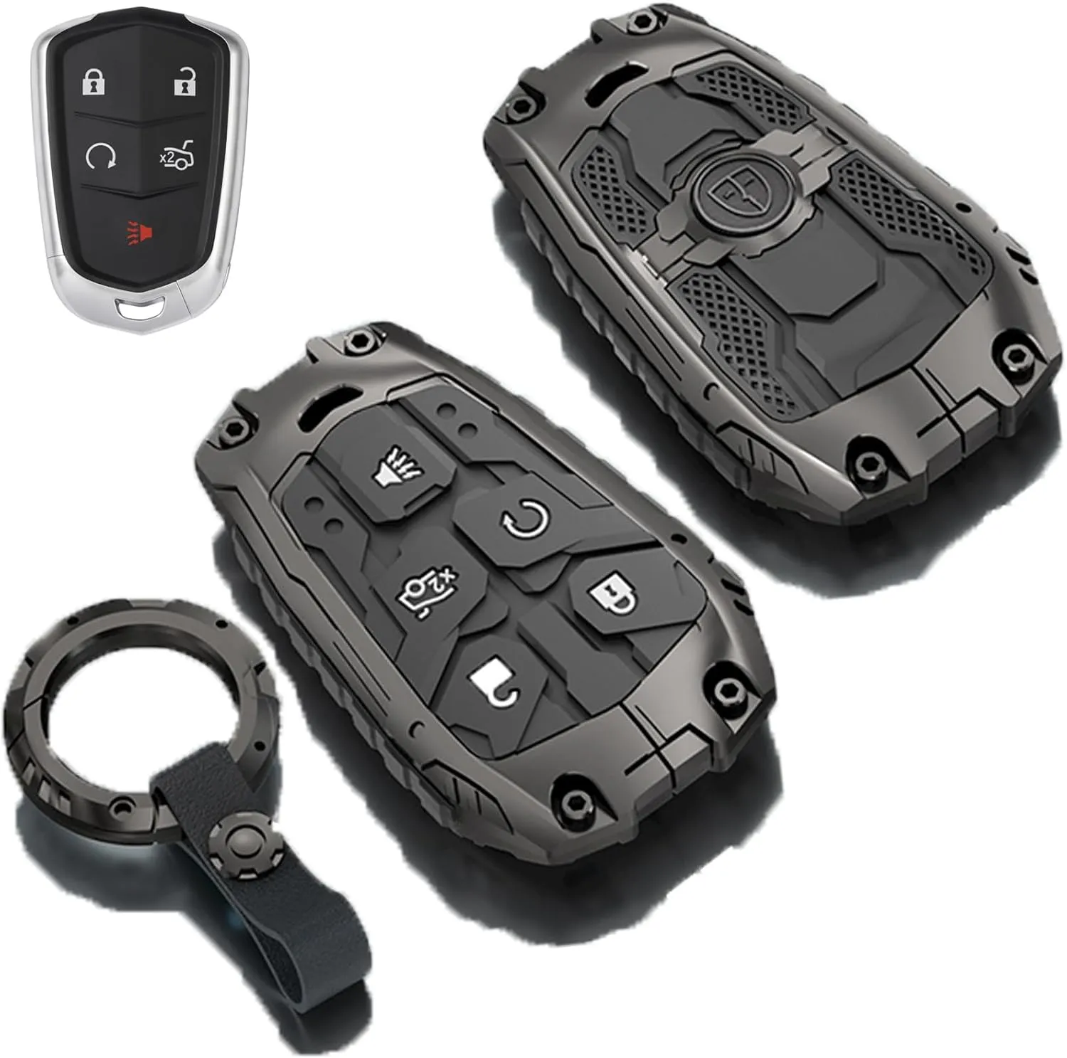 Heavy Metal Key Fob Cover Case for Cadillac CTS SRX XT5 ATS STS CT6 Smart Remote Key fob Cover Accessories(A-Model-Black)