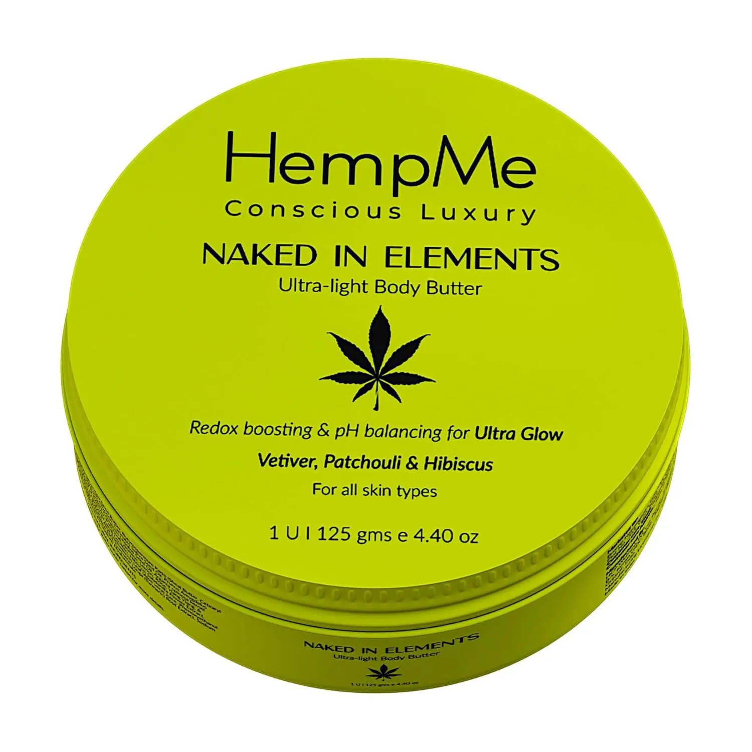 HempMe Naked in Elements Ultra-light Body Butter 99% Natural with Hemp Oil, Patchouli, Hibiscus & Hyaluronic Acid, Redox Boosting, pH Balanced, Fades Pigmentation, Enhances Glow, Skin Firming | 125 G