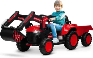 Hetoy 12V 3 in 1 Kids Ride on Excavator & Tractor with Detachable Trailer, Kids Electric Vehicles with Remote Control, Digger, LED Lights, Music, Ride on Car Toy for Boys Girls, Red