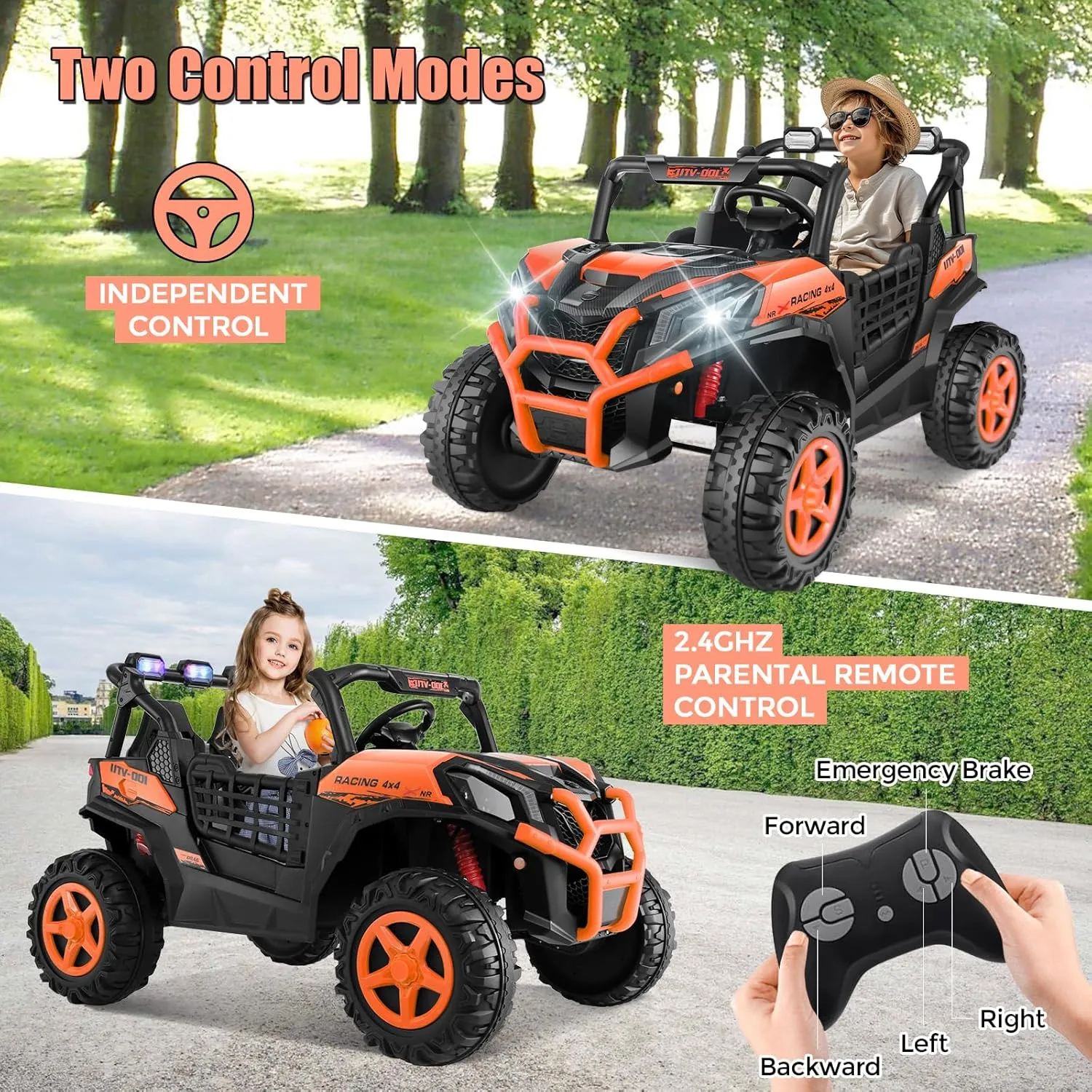 Hikole 24V Ride On Toys for Big Kids, 2 Seater Power Wheels 24V Electric Truck w/Remote Control, 20" Spacious Seat, 4 Shock Absorbers, Music, Bluetooth, Kids UTV for Boys Girls, Orange