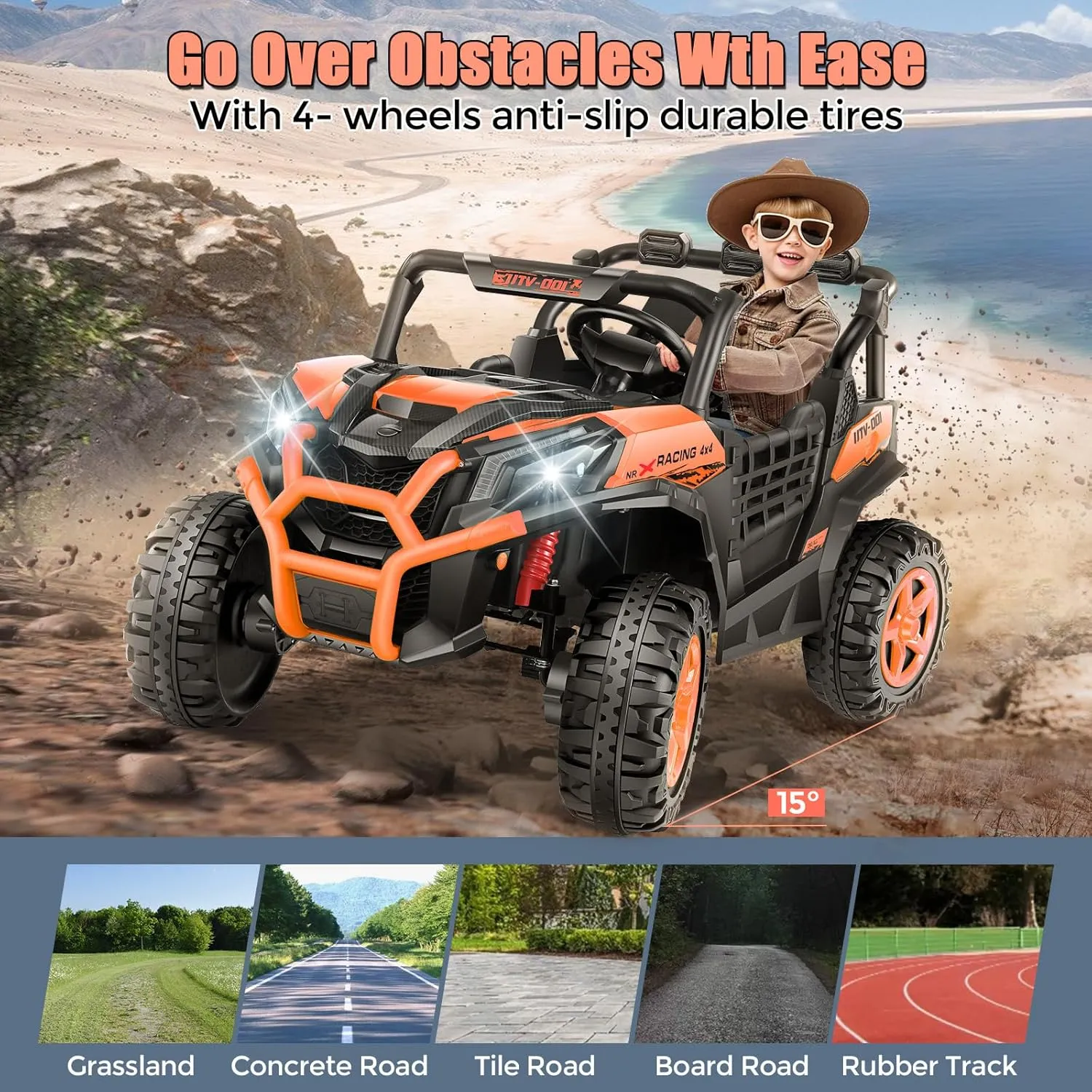 Hikole 24V Ride On Toys for Big Kids, 2 Seater Power Wheels 24V Electric Truck w/Remote Control, 20" Spacious Seat, 4 Shock Absorbers, Music, Bluetooth, Kids UTV for Boys Girls, Orange