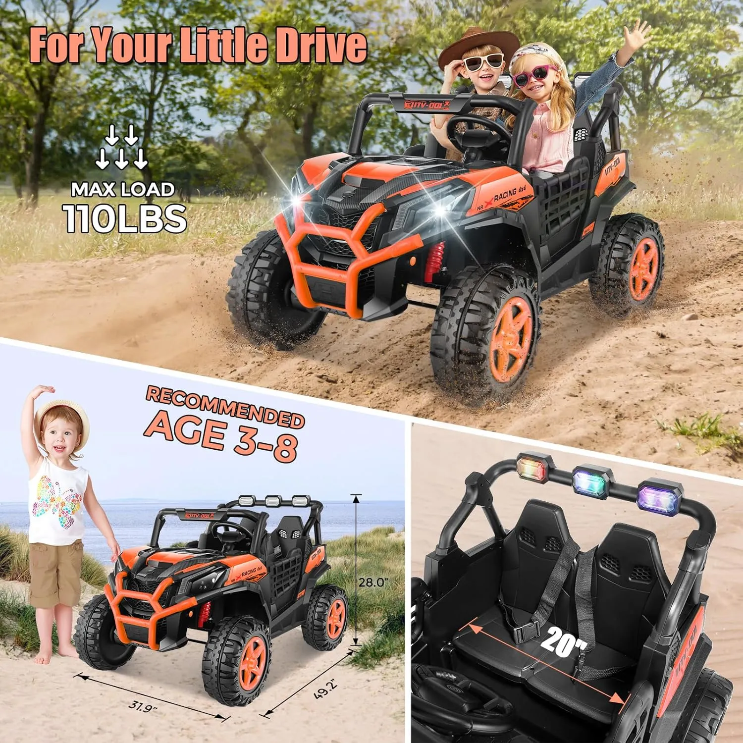 Hikole 24V Ride On Toys for Big Kids, 2 Seater Power Wheels 24V Electric Truck w/Remote Control, 20" Spacious Seat, 4 Shock Absorbers, Music, Bluetooth, Kids UTV for Boys Girls, Orange