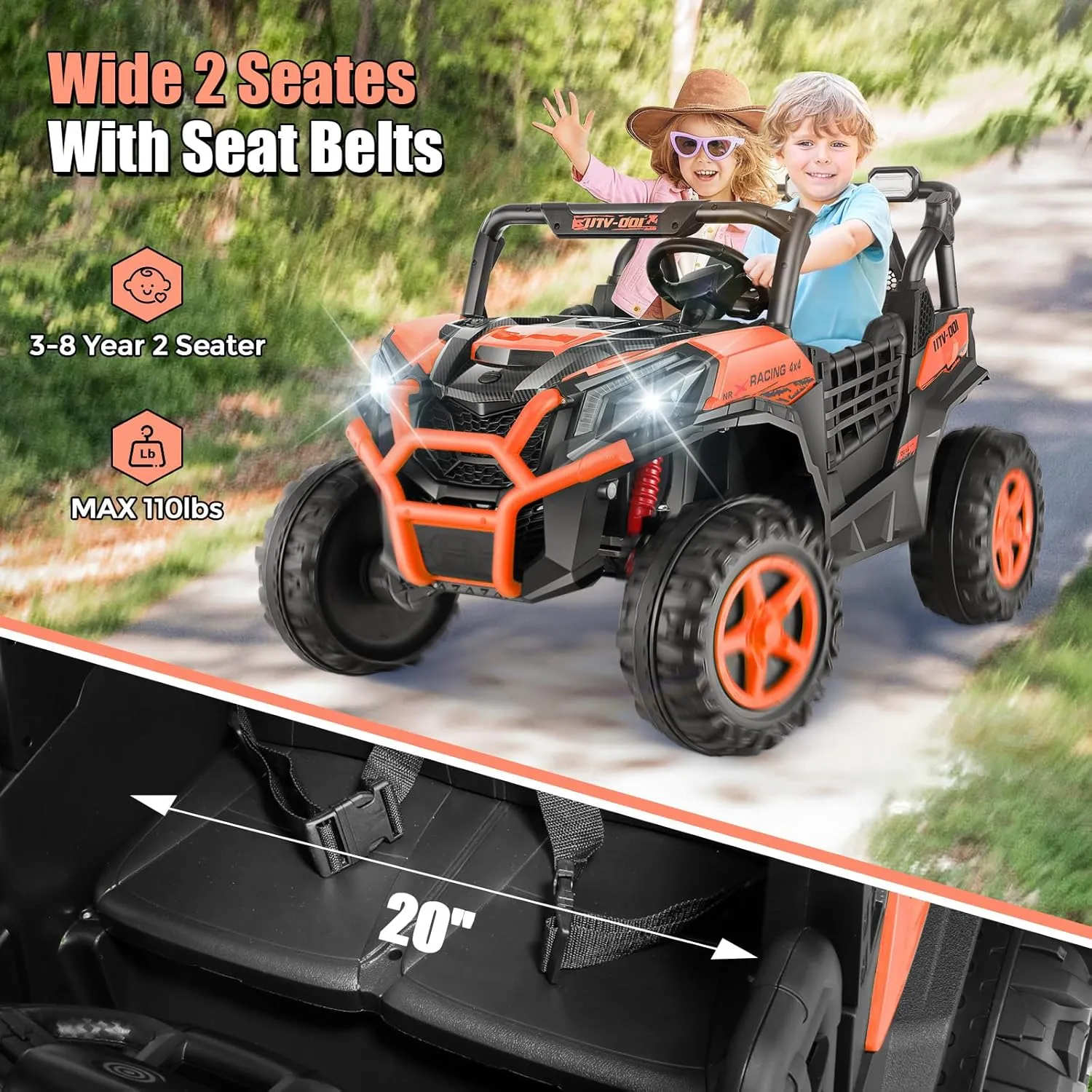 Hikole 24V Ride On Toys for Big Kids, 2 Seater Power Wheels 24V Electric Truck w/Remote Control, 20" Spacious Seat, 4 Shock Absorbers, Music, Bluetooth, Kids UTV for Boys Girls, Orange