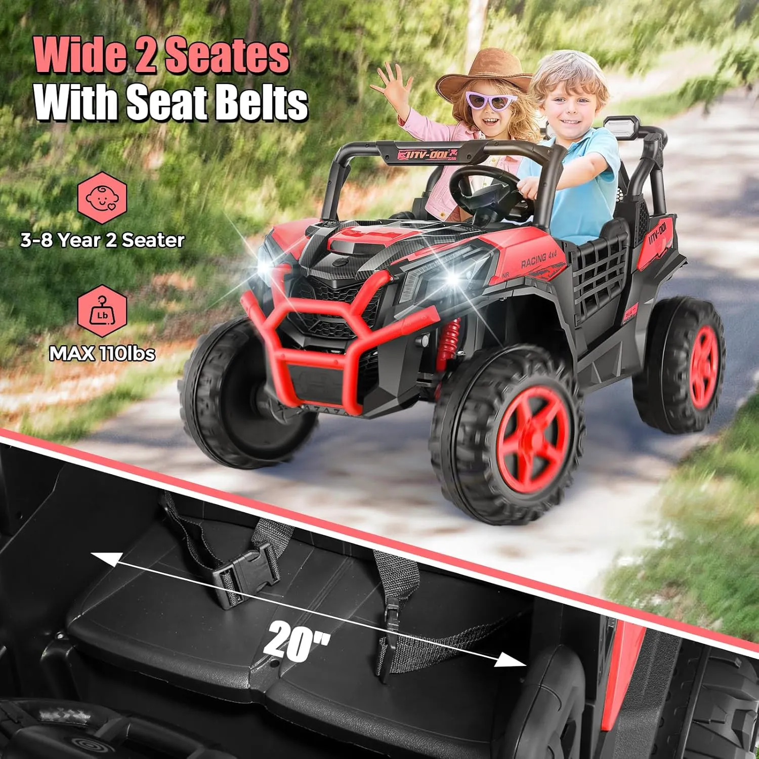 Hikole 24V Ride On Toys for Big Kids, 2 Seater Power Wheels 24V Electric Truck w/Remote Control, 20" Spacious Seat, 4 Shock Absorbers, Music, Bluetooth, Kids UTV for Boys Girls, Red
