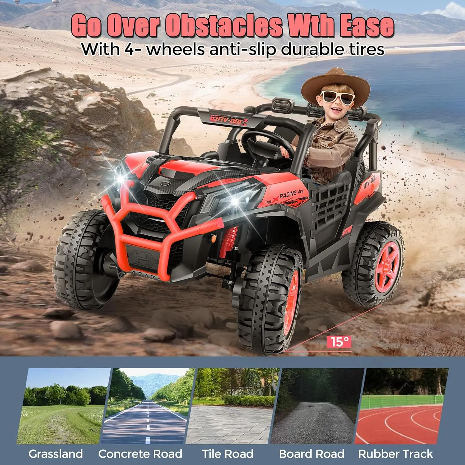 Hikole 24V Ride On Toys for Big Kids, 2 Seater Power Wheels 24V Electric Truck w/Remote Control, 20" Spacious Seat, 4 Shock Absorbers, Music, Bluetooth, Kids UTV for Boys Girls, Red