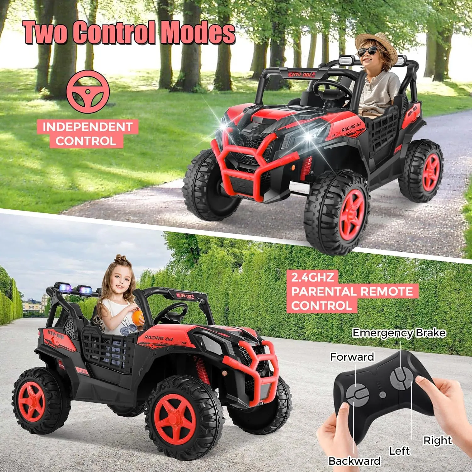 Hikole 24V Ride On Toys for Big Kids, 2 Seater Power Wheels 24V Electric Truck w/Remote Control, 20" Spacious Seat, 4 Shock Absorbers, Music, Bluetooth, Kids UTV for Boys Girls, Red