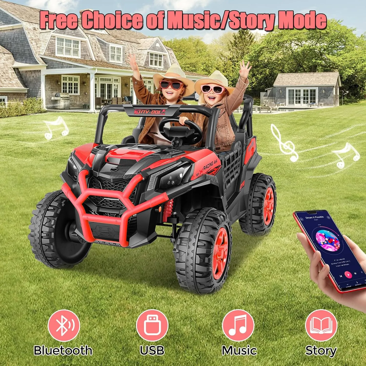 Hikole 24V Ride On Toys for Big Kids, 2 Seater Power Wheels 24V Electric Truck w/Remote Control, 20" Spacious Seat, 4 Shock Absorbers, Music, Bluetooth, Kids UTV for Boys Girls, Red