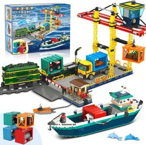 HOGOKIDS City Wharf Building Set with Crane - Includes Ship Train Truck, 4 Containers with Cargo Harbor Building Blocks | Large Construction Toy for for Adults Teens Kids Girls Boys 6-14 （1373PCS）