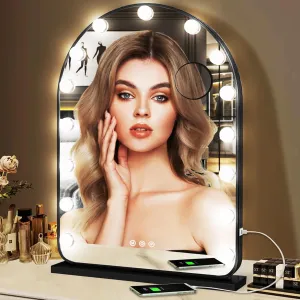 Hollywood Arch Black Vanity Makeup Mirror with Lights 15 Bulbs Dimmable 3Color Black Lighted Vanity Mirror for TableTop Wall Detachable Base X10 Magnifying Arch Makeup Desk Mirror with Lights