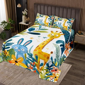 Homewish Cartoon Animal Bedspread King Size,Giraffe Rabbit Cute Wildlife Quilt Set with 2 Pillowcases,Colorful Floral Leaves Plant Microfiber Coverlet Set for Children Adult,Breathable