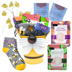 Honey Bee Gift Basket for Women - Bee Socks, Hand Mask, Foot Mask, Bumble Bee Mini Lights and Stress Relief Tea in Bumble Bee Bucket - The Gift That Says You Care