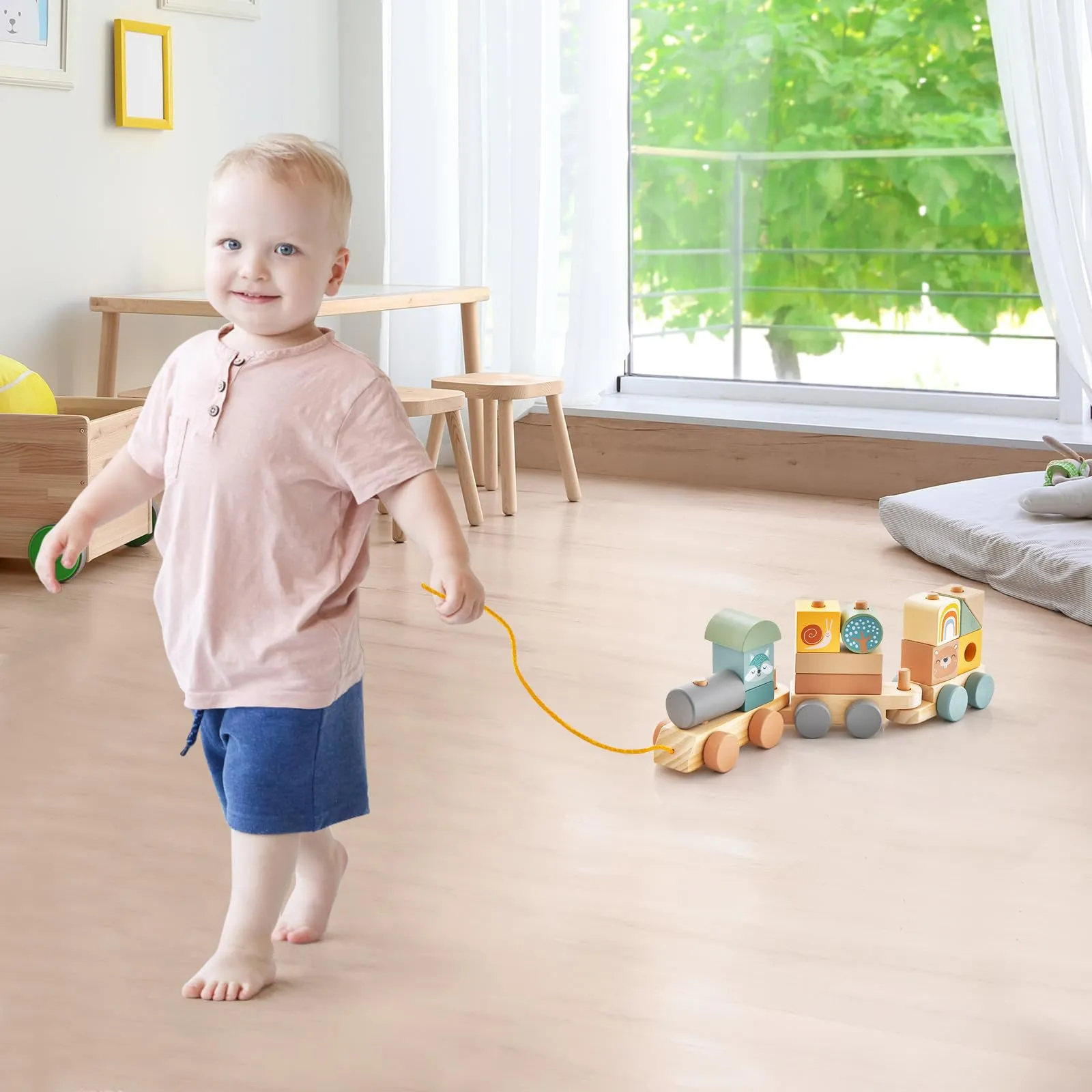 HONEY JOY Kids Toy Train Set, Children Wooden Train Set