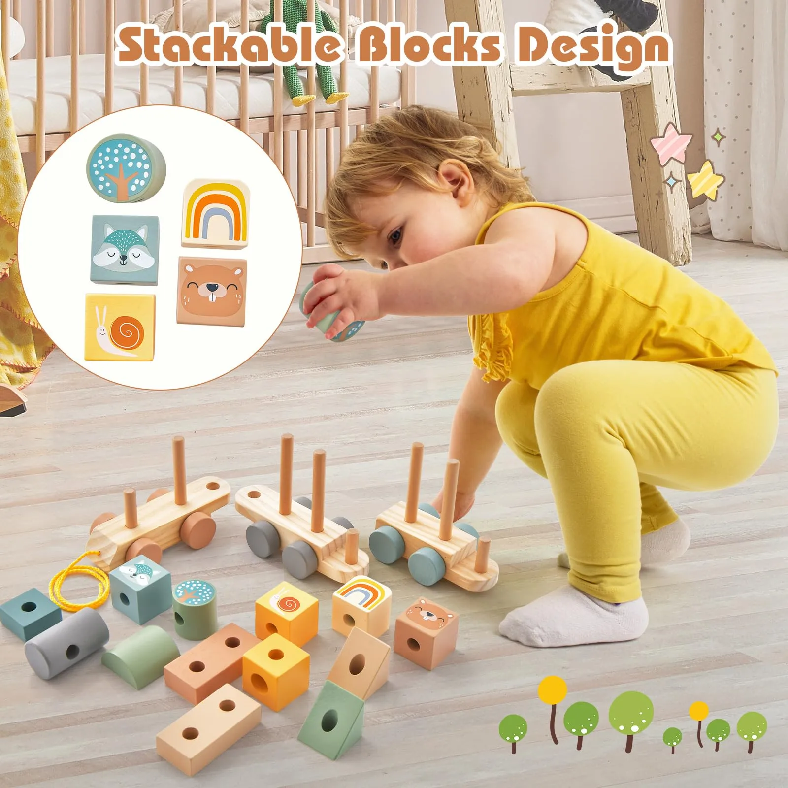HONEY JOY Kids Toy Train Set, Children Wooden Train Set