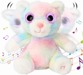 Hopearl Singing Baby Cat with Big Light up Eyes Glowing Shaking Dancing Plush Toy Kitty Interactive Stuffed Animal Kitten Early Learning Gifts for Toddlers, White, 8''