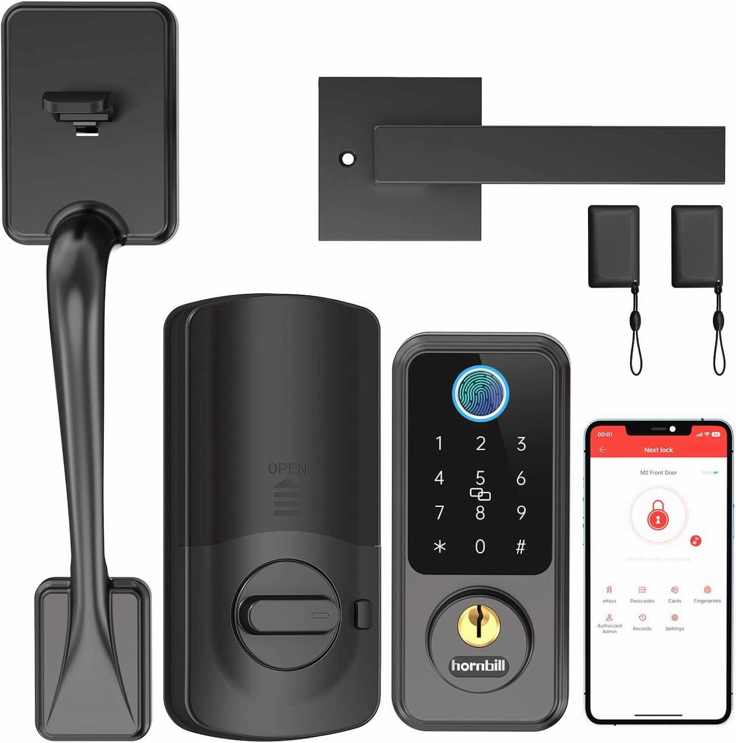 Hornbill Smart Lock Front Door - Keyless Entry Door Lock with Handle Set, Smart Deadbolt for Front Door, Bluetooth Fingerprint Biometric Auto Lock for New House, Airbnb, Office, Appartment