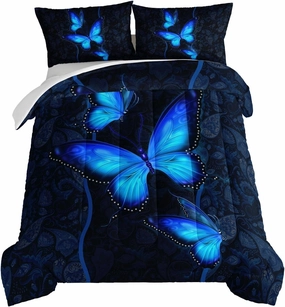 HOSIMA Blue Butterfly Comforter Set for Girls Bedroom Set,Mandala Bedding Boho Floral Twin Comforter Set,Butterfly Print Bed Set Queen Size with 2 Pillowcases.