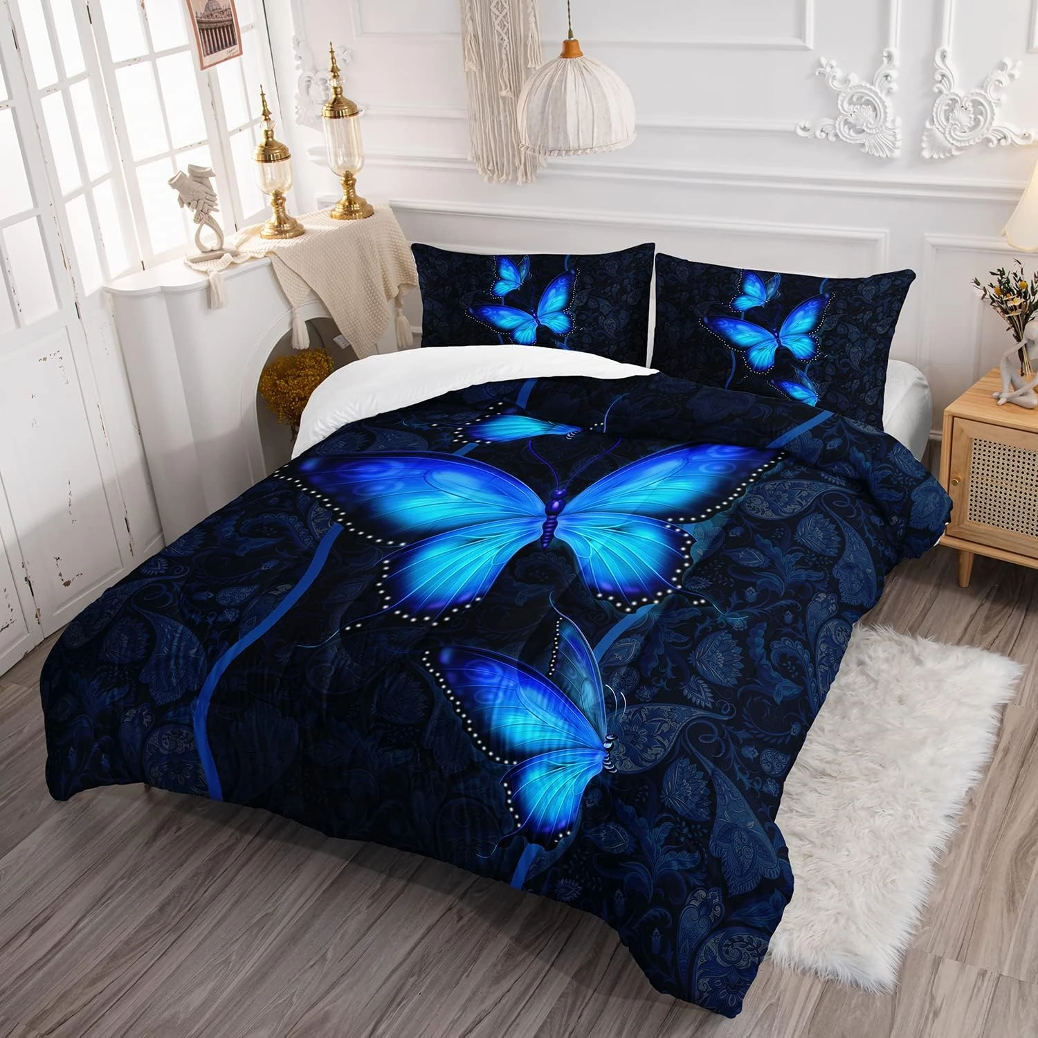 HOSIMA Blue Butterfly Comforter Set for Girls Bedroom Set,Mandala Bedding Boho Floral Twin Comforter Set,Butterfly Print Bed Set Queen Size with 2 Pillowcases.