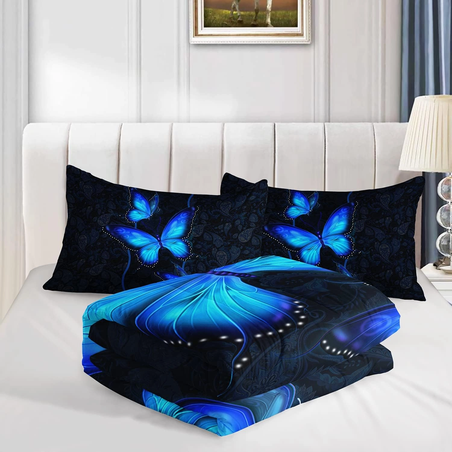 HOSIMA Blue Butterfly Comforter Set for Girls Bedroom Set,Mandala Bedding Boho Floral Twin Comforter Set,Butterfly Print Bed Set Queen Size with 2 Pillowcases.
