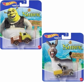 Hot Wheels DreamWorks Shrek Character Cars, 2-Pack Set, Shrek and Donkey Die-Cast Vehicles