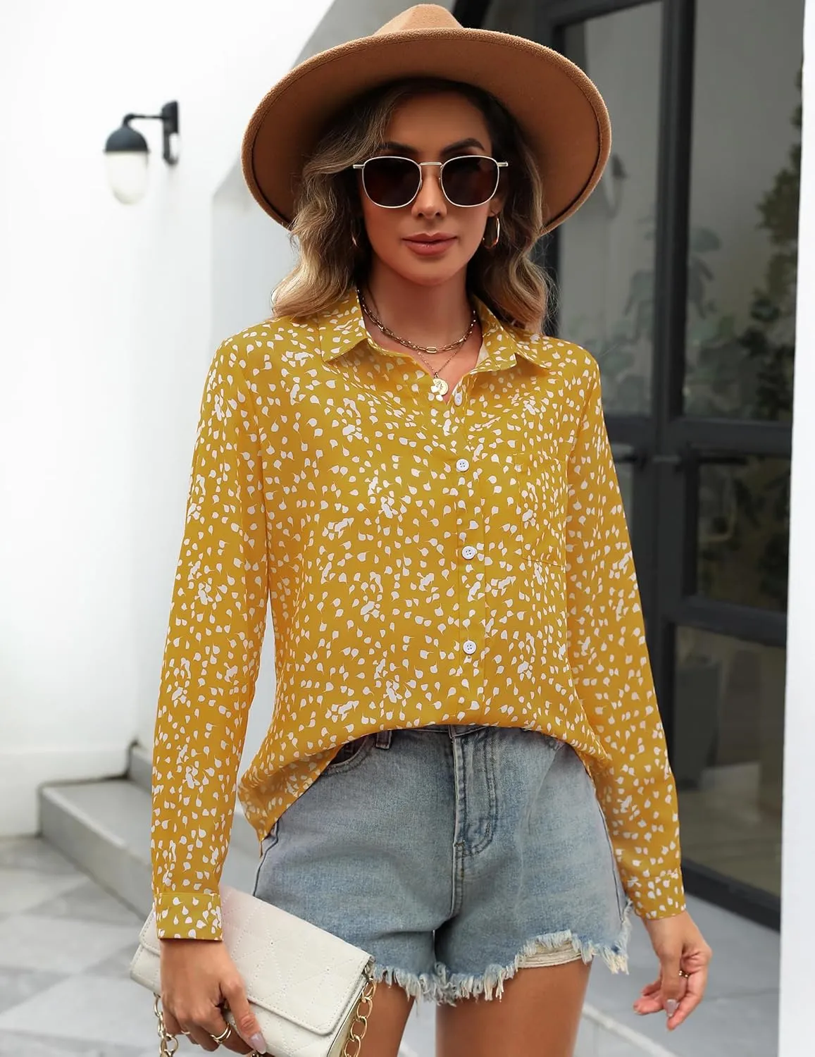 HOTOUCH Women Button Down Shirts with Pockets Long Sleeve Office Blouses Casual Business Tops Slim Fit Chiffon Shirts S-XXL
