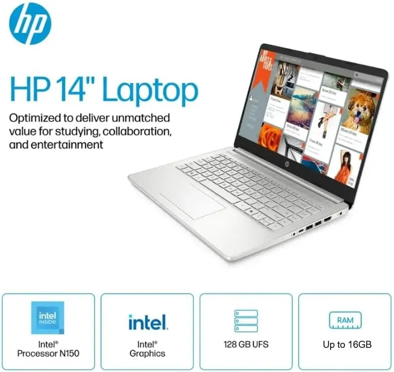 HP 2025 Student Business Laptop, Intel Processor N150(up to 3.6 GHz), 16G RAM, 128GB Storange, 14 Inch LED Screen,1 Year Office 365, Windows 11 Home,Silver,w/BTP Accessories