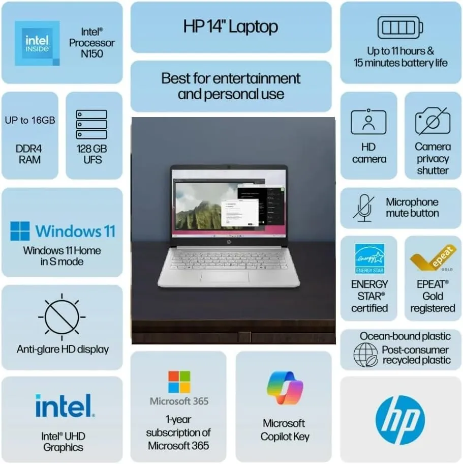 HP 2025 Student Business Laptop, Intel Processor N150(up to 3.6 GHz), 16G RAM, 128GB Storange, 14 Inch LED Screen,1 Year Office 365, Windows 11 Home,Silver,w/BTP Accessories