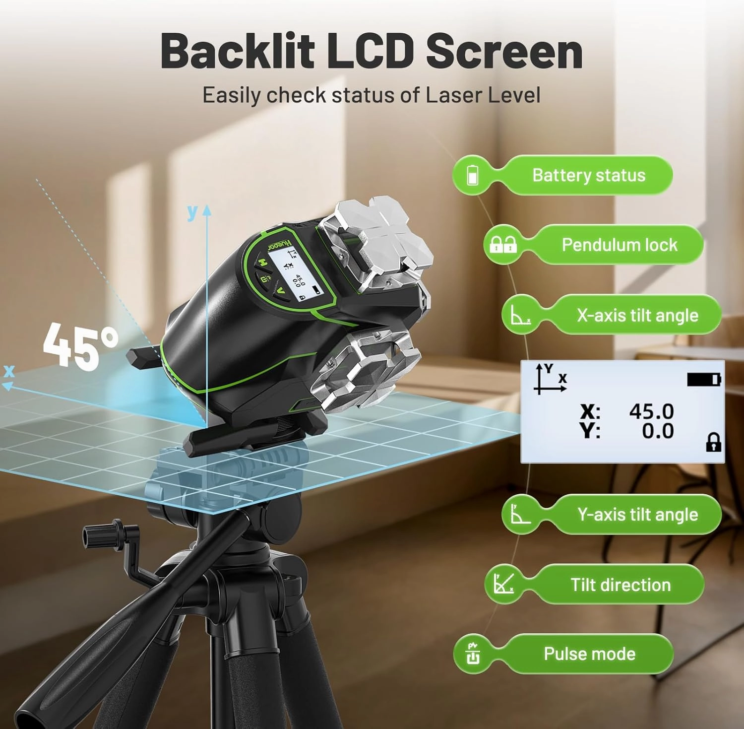 Huepar Laser Level 360 Self Leveling, 4x360° Green 4D Cross Line Laser with LCD Screen, Bluetooth Outdoor Pulse Mode Laser Tool for Construction -Remote Control, Li-ion Battery or 4 AA Batteries-S04CG