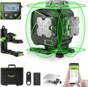 Huepar Laser Level 360 Self Leveling, 4x360° Green 4D Cross Line Laser with LCD Screen, Bluetooth Outdoor Pulse Mode Laser Tool for Construction -Remote Control, Li-ion Battery or 4 AA Batteries-S04CG
