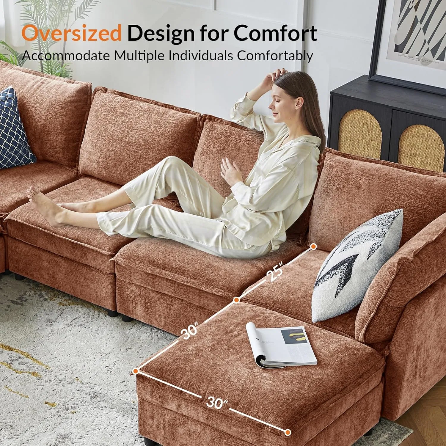 HULALA HOME 127'' Modular Sectional Sofa, Oversized U Shaped Couch with Storage Ottoman, Extra Deep Seat, Modern Comfy Chenille Sofa with Chaise, 6 Seat Convertible Couches for Living Room, Chocolate
