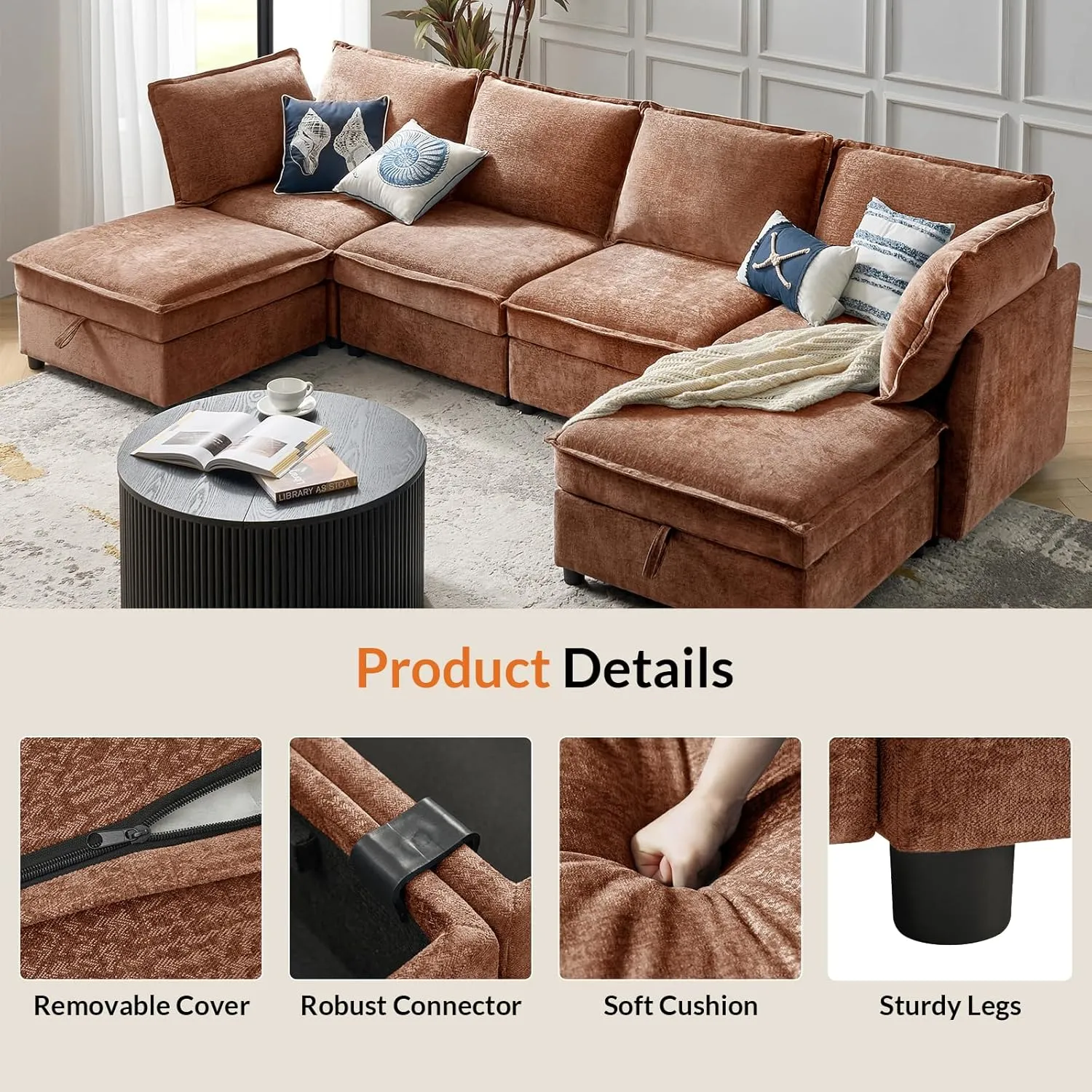 HULALA HOME 127'' Modular Sectional Sofa, Oversized U Shaped Couch with Storage Ottoman, Extra Deep Seat, Modern Comfy Chenille Sofa with Chaise, 6 Seat Convertible Couches for Living Room, Chocolate