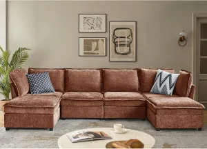 HULALA HOME 127'' Modular Sectional Sofa, Oversized U Shaped Couch with Storage Ottoman, Extra Deep Seat, Modern Comfy Chenille Sofa with Chaise, 6 Seat Convertible Couches for Living Room, Chocolate