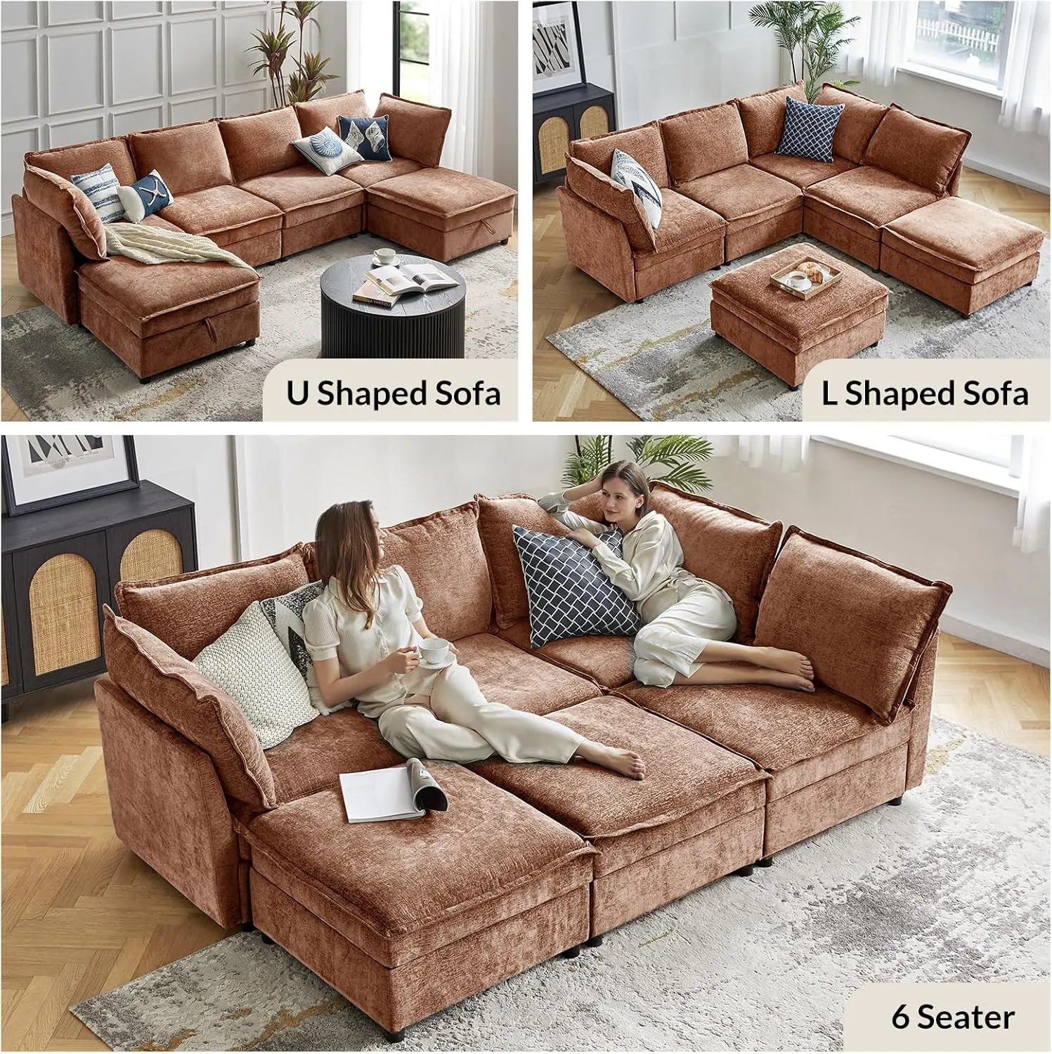 HULALA HOME 127'' Modular Sectional Sofa, Oversized U Shaped Couch with Storage Ottoman, Extra Deep Seat, Modern Comfy Chenille Sofa with Chaise, 6 Seat Convertible Couches for Living Room, Chocolate