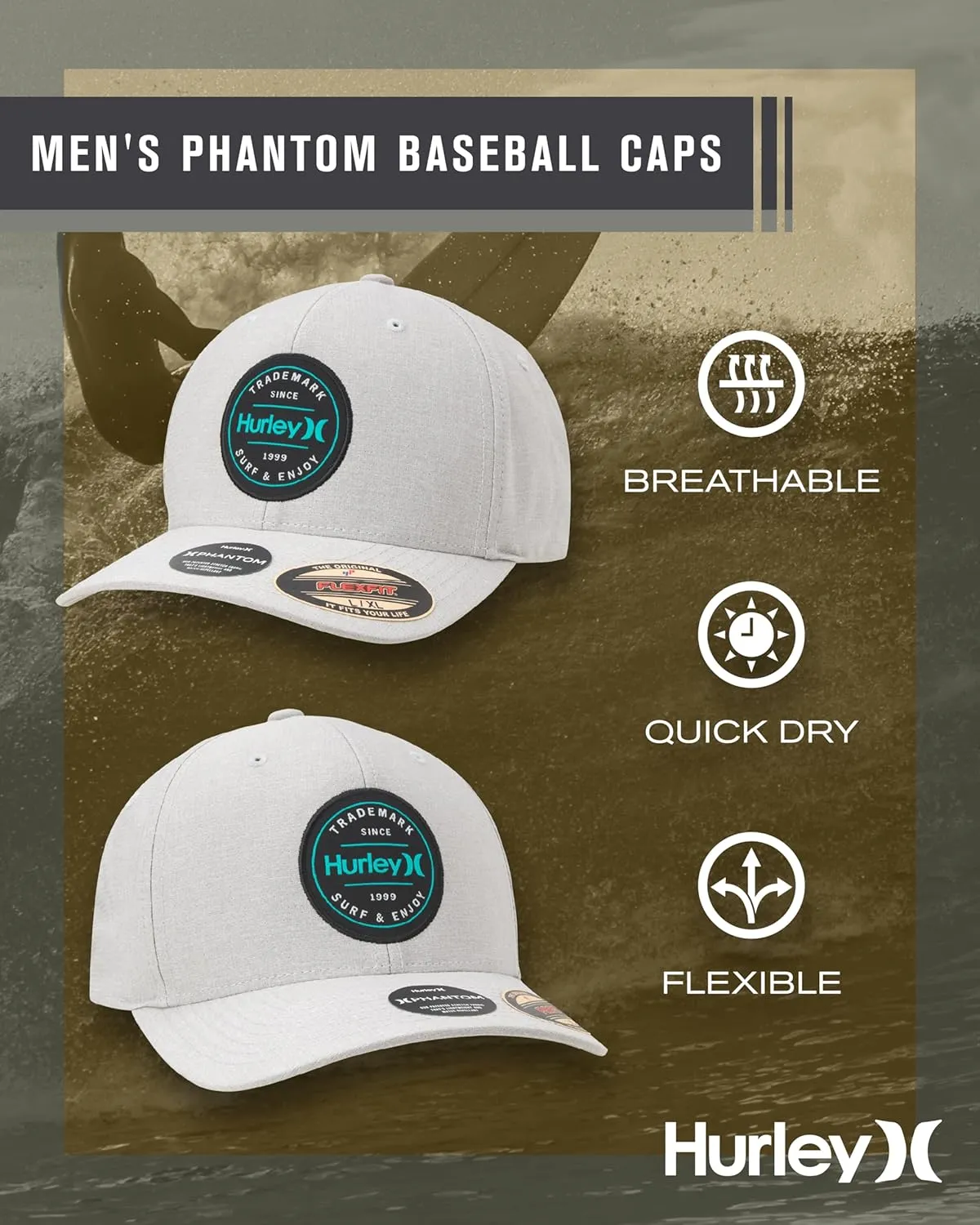 Hurley Men's Caps - Flexfit and Quick-Dry Phantom Baseball Caps for Men with Sweatband - Classic Mens Trucker Hats (S-XL)